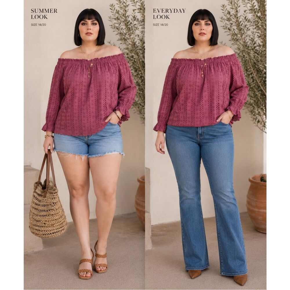 NWT Lane Bryant Eyelet Off Shoulder Blouse Size 18/20 Mauve Pink Cotton Boho Top